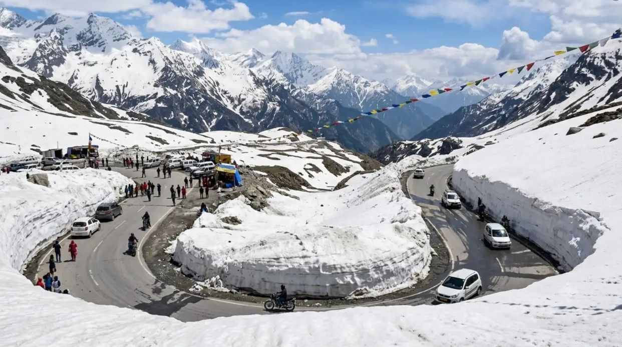 Snow-covered mountains above the winding road at Rohtang Pass