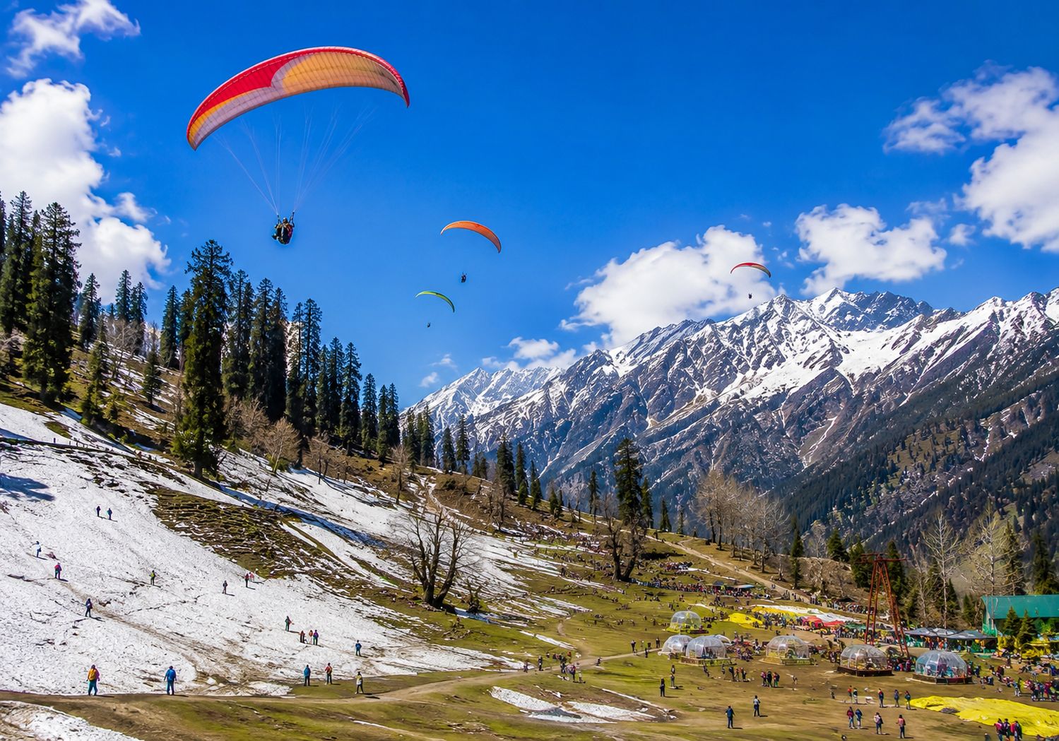 Paragliders over Solang Valley near Manali